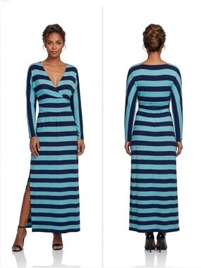 Lilly Pulitzer Teal & Navy Striped Maxi Dress XS Long Sleeve V-Neck Slit